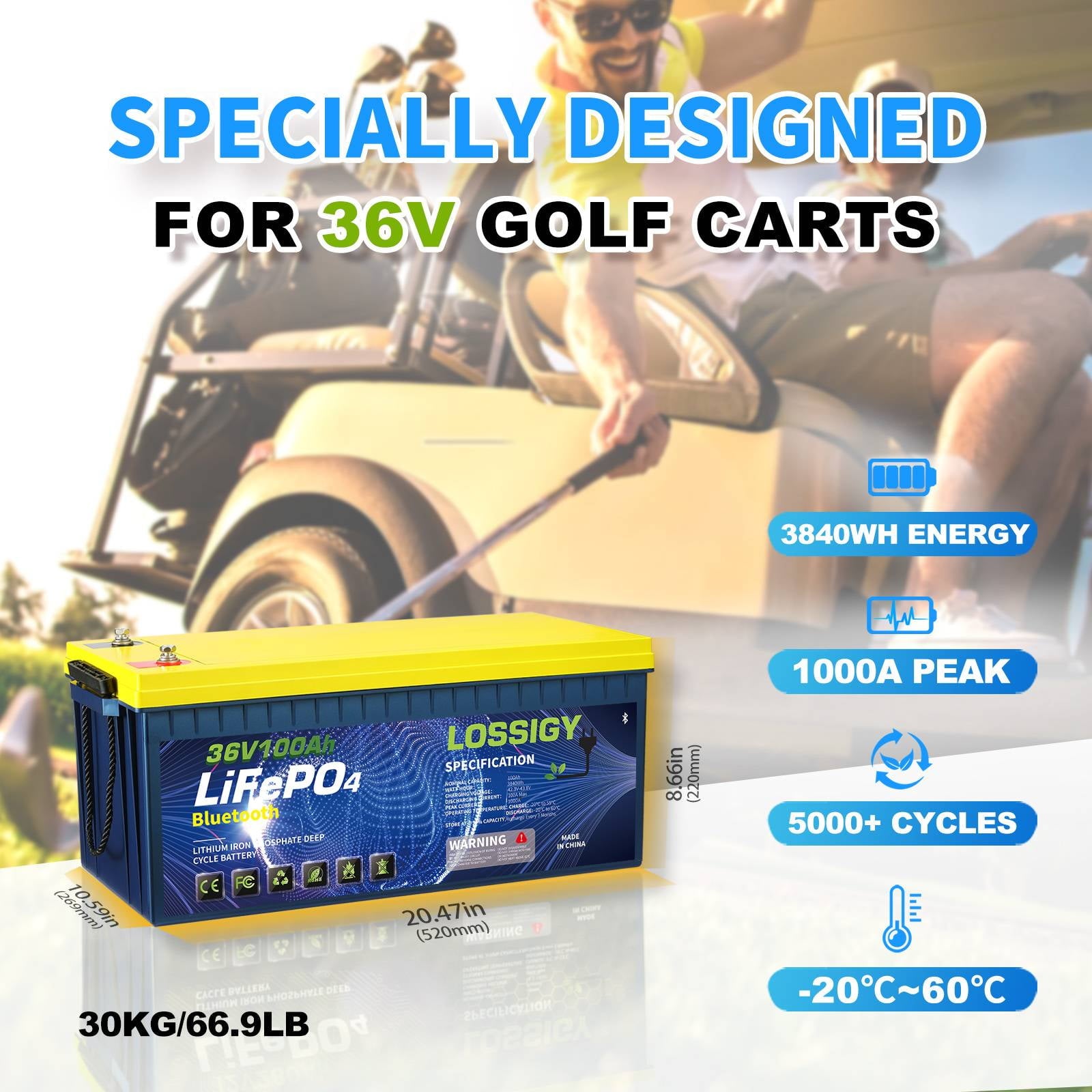 LOSSIGY 36V 100AH Golf Cart Lifepo4 Battery with 36 volt 25A Lithium Charger, Prefect for Trolling Motor, Marine, Boat, Built in 200A Bluetooth BMS, Peak Current 1000A(3-5s), 10 Yrs Lifespan