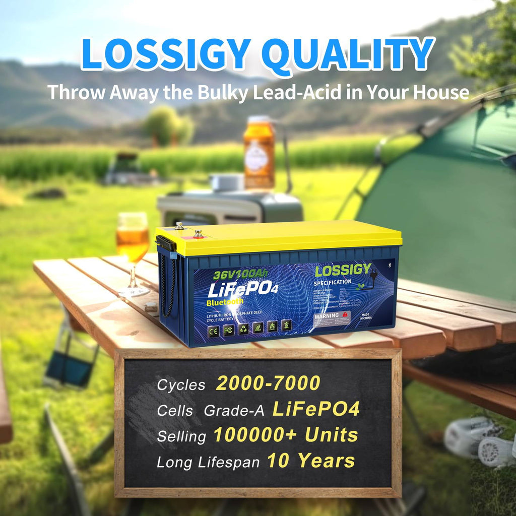 LOSSIGY 36V 100AH Golf Cart Lifepo4 Battery with 36 volt 25A Lithium Charger, Prefect for Trolling Motor, Marine, Boat, Built in 200A Bluetooth BMS, Peak Current 1000A(3-5s), 10 Yrs Lifespan